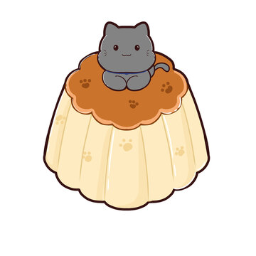 Delicious Caramel Pudding with Gray Cat PNG Illustration