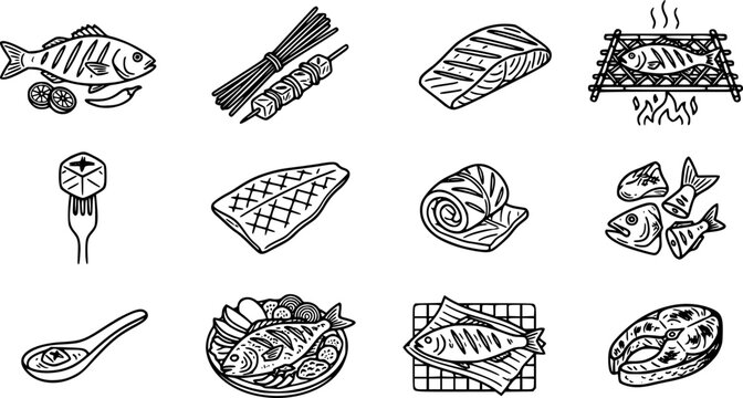 Set Ikon Seafood dan Hidangan Ikan Panggang Vintage Hitam Putih Ilustrasi Vektor