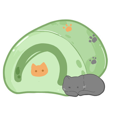 Roll Cake Matcha with Black Cat Cute Illustration PNG