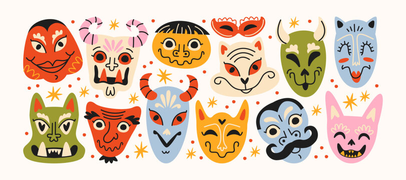 Asian traditional masks stickers inspired by Chinese and Japanese culture in retro cartoon style. icons: animal masks, folk theater faces, cultural disguise, festival costume masks, expressive 
