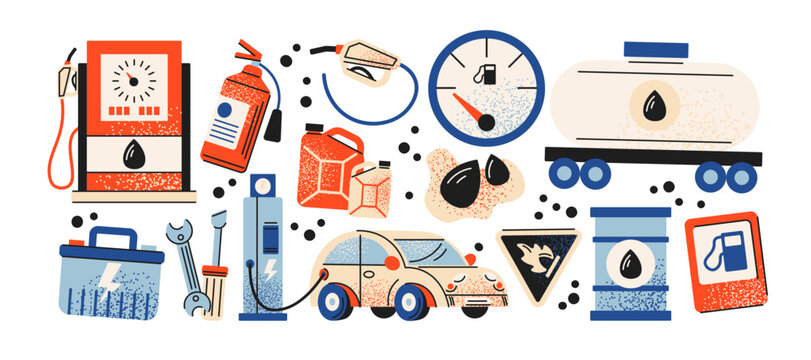 Fuel station stickers with petrol refueling and car maintenance elements including gas pump, fuel can, vehicle, oil barrel and dashboard symbols for automotive service and transport energy concepts