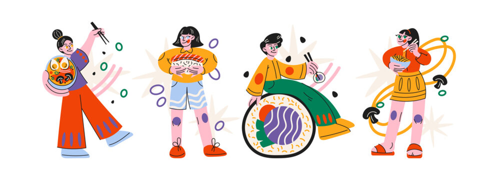 Asian food characters eating sushi ramen in retro cartoon style. People mascots: chopsticks, noodles, sushi rolls, bowls with japanese meals and simple shapes. street food eating routine,asian cuisine