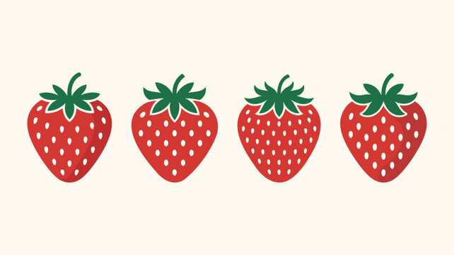 Strawberry fruit vector set. collection of four red strawberries with green leaves, fresh ripe whole berries.