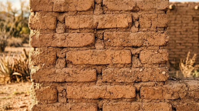 Rustic Adobe Texture: A close-up view unveils the weathered elegance of adobe bricks, showcasing the raw, earthy textures and time-worn character of the age-old construction.