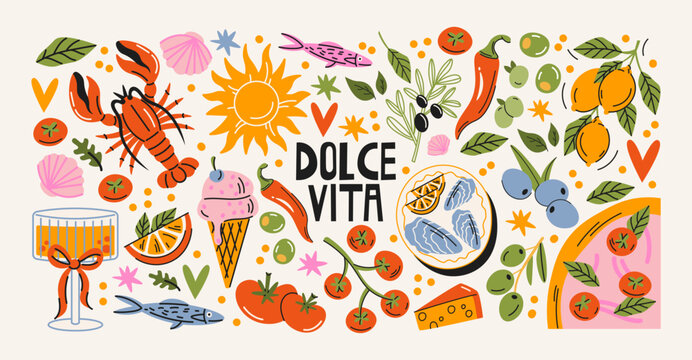 Italian food and culture stickers set in retro cartoon style.La dolce vita elements: pizza, pasta, wine, tomato. Illustration in funky, doodle style, trendy Amalfi coast labels set.