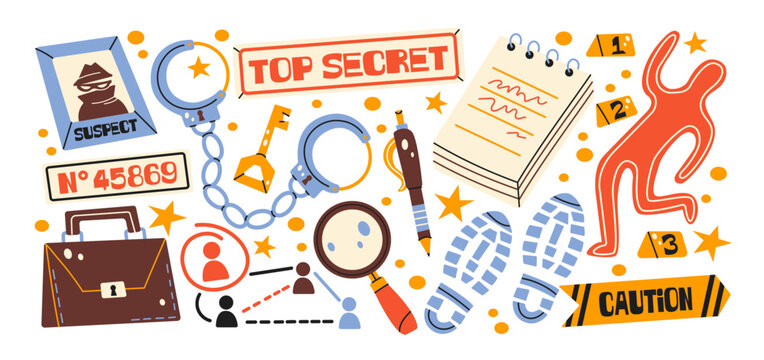 Crime investigation elements in retro cartoon style. Gun, magnifying glass and police badge with forensic signs, detective visual language, mysterious investigation atmosphere, elements of criminal 