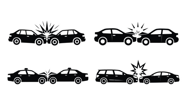 Set of car accident icons illustrating various vehicle collisions.