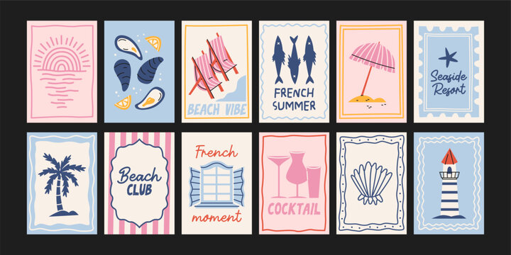 French riviera summer posters collection in retro cartoon style. posters: beach umbrella, cocktails, lighthouse, seashells with minimal frames and typography. seaside resort vacation, beach club mood