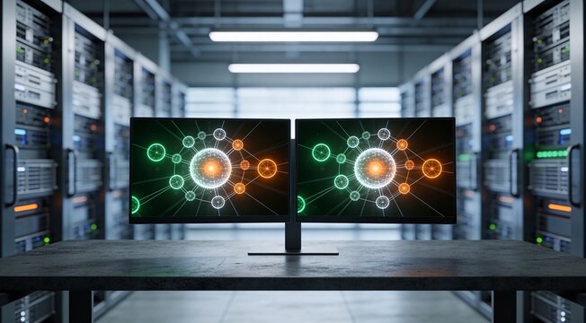 Cloud Computing Resource Allocation Interface Mockup with Abstract Glowing Nodes on Desktop Screen in High-Scale Server Environment, SaaS Cloud Infrastructure Management Concept