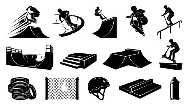 Extreme Sports Skateboarding and Scootering Silhouette Vector Icons Set: Riders, Ramps, and Equipment