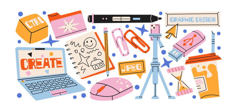 Graphic design creator stickers with digital tools in retro cartoon style. icons: laptop, mouse, pen tablet, creative workflow, design process, digital editing, content creation elements
