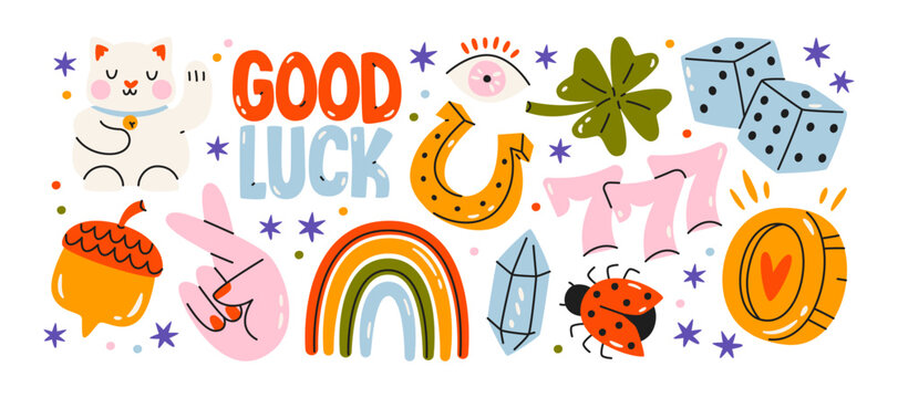 Good luck symbols stickers in retro cartoon style. Luck icons: number seven, horseshoe, universal fortune collection, superstition signs set, lucky talisman assortment, classic luck elements 