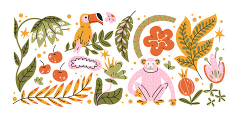 Fototapeta premium Tropical jungle stickers with exotic plants and animals in retro cartoon style. Exotic icons: monkey, parrot, tropical leaves, flowers, rainforest elements, wild nature collection