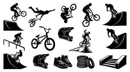Fototapeta premium BMX Freestyle Action Sports Silhouette Vector Set with Riders, Bikes, Helmets Ramps Icons