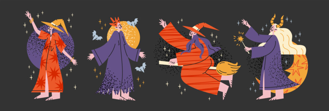 Witch characters with magic spells flying broom in retro cartoon style. characters: witches, hats, broom, moon with sparkles and mystical shapes. halloween magic ritual, fantasy sorcery actions