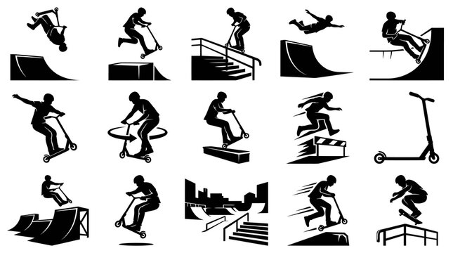 Black and White Scooter Tricks and Extreme Sports Icons Set