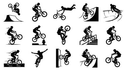 Fototapeta premium BMX Biking Extreme Sports Silhouettes Vector Icons Set. Black and White Graphic of Bikers Performing Stunts and Tricks.