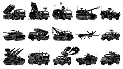 Obraz premium Black and White Military Vehicles Silhouette Icons Set for Army Defense Industry