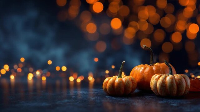 Autumnal Pumpkin Display: A close-up shot of several pumpkins against an atmospheric background illuminated with bokeh lights, creating a warm, inviting autumnal ambiance.