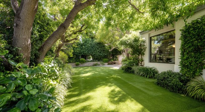 Lush Green Garden with Modern Architecture and Sunlight Dappling.