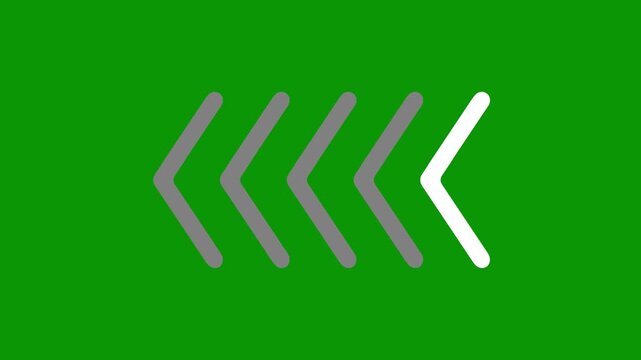 left pointing chevron arrows moving smoothly on vibrant green screen. 2D animated cartoon style  for back previous return and navigation motion graphics projects. Chromakey ready seamless loop.
