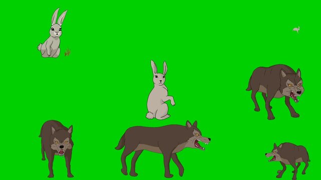 Rabbit, Bunny, Wolf, Jump, Hop, Predator, Wild, Pack, Animal 2d animated cartoon character on green screen chroma key background. High quality illustration loop cycle vector animation compositing.