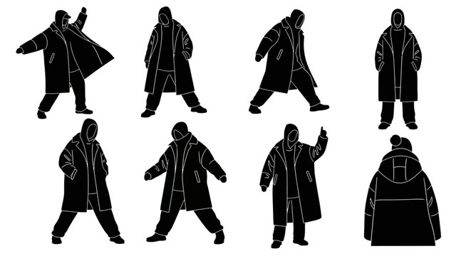 Set of black silhouettes of a person in a winter parka jacket