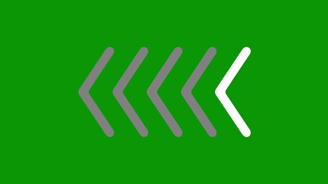 left pointing chevron arrows moving on vibrant green screen. 2D animated cartoon animation  for back previous navigation and reverse direction video projects. Chromakey ready seamless loop.