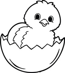 Obraz premium Cute baby chick hatching from an egg, line art illustration