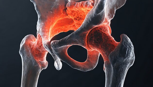 3D medical visualization of hip joint with highlighted inflammation and bone structure
