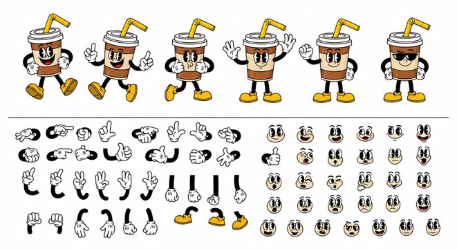 Animated Coffee Cup Characters in Various Poses and Expressions