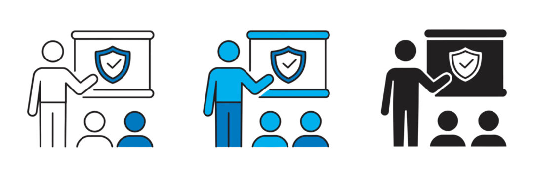 Safety and security training icon set, protection skills awareness compliance emergency preparedness vector illustration collection