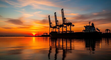 Fototapeta premium Industrial shipping port silhouette against sunset sky over water