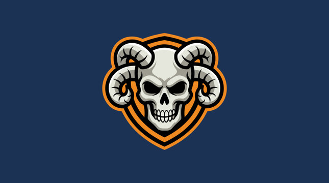 Mascot Skull Emblem with Horns and Dripping Jawline on Dark Blue Background