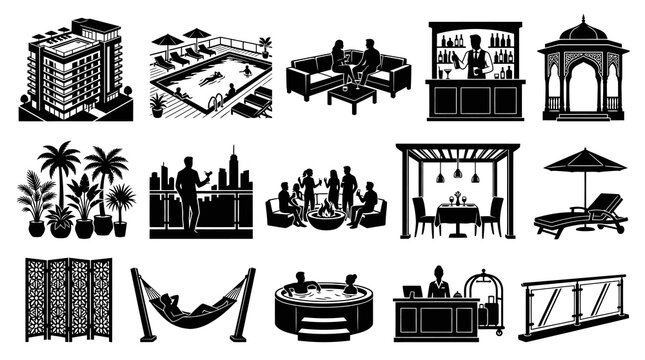 Hotel and Resort Icons: Buildings, Pool, Bar, Furniture, People, Black  White Glyph Art