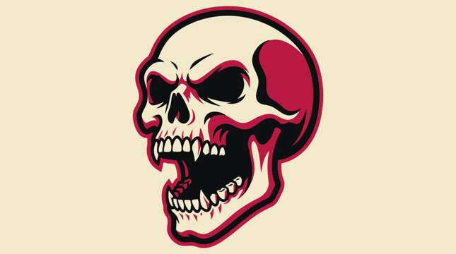 An aggressive skull mascot with sharp angular eyes, bared fangs, and a menacing expression, rendered in a bold graphic style