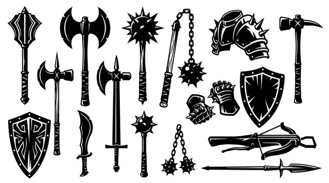 Stylized Black and White Vector Set of Medieval Fantasy Warfare Weapons and Armor Icons
