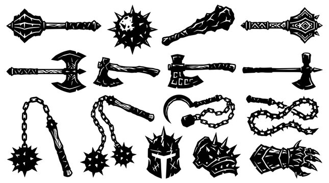 Medieval Weapon Icons Black and White Vector Art of Maces, Axes, Flails