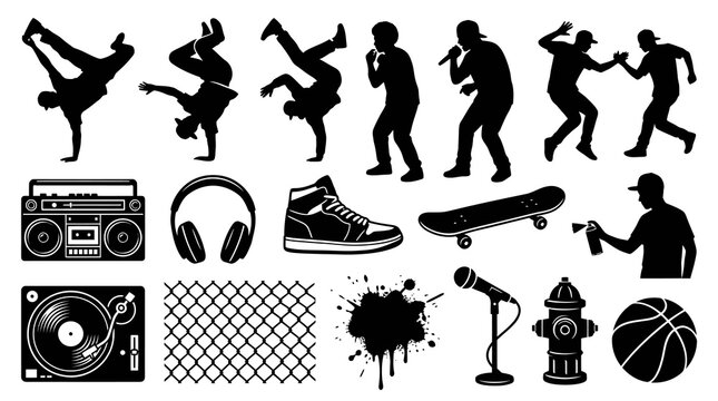 Hip Hop Culture Icons: Breakdancers, MCs, DJ, Graffiti, Skateboard, Basketball