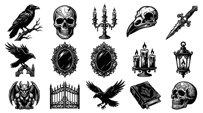 Gothic Occult Elements Set: Dark Fantasy  Halloween Symbols in Engraving Style Black  White Line Art.