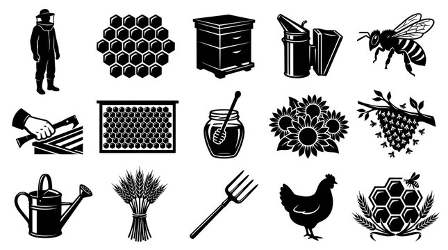 Beekeeping and Agriculture Black and White Glyph Icons Set. Farm and Apiary Silhouette Vector Collection.