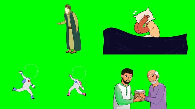 Cloaked woman, sleeping male in bed, running children, and shared drink 2d animated cartoon on green screen chroma key background. high quality loop cycle vector illustration animation