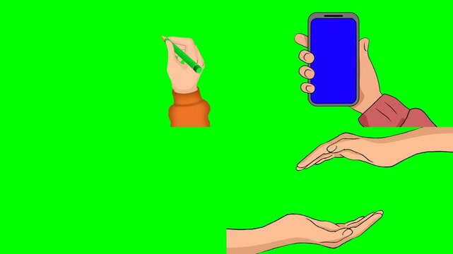 Hands holding green leaf, smartphone, pointing index finger, and pistol 2d animated cartoon on green screen chroma key background. high quality loop cycle vector illustration animation