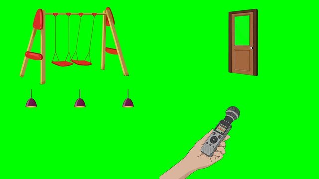 Kids park swing set, open wood door, hand holding remote, ceiling lamps 2d animated cartoon on green screen chroma key background. high quality loop cycle vector illustration animation