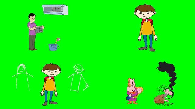Boy using VR headset, children holding hands, shadow monster, and a boy 2d animated cartoon on green screen chroma key background. high quality loop cycle vector illustration animation