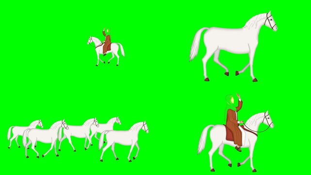 Mounted noble knights, running herd of white horses, solo walking horse 2d animated cartoon on green screen chroma key background. high quality loop cycle vector illustration animation