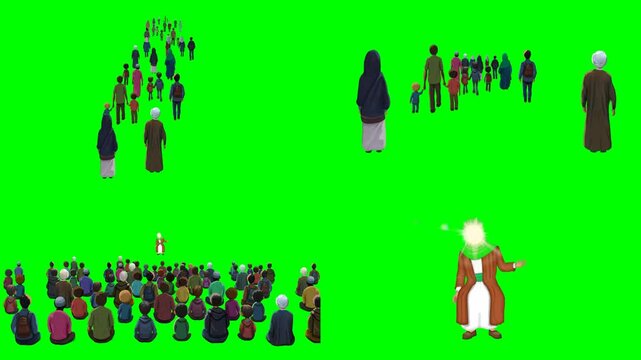 Massive crowd of people, walking public gathering, glowing holy figures 2d animated cartoon on green screen chroma key background. high quality loop cycle vector illustration animation