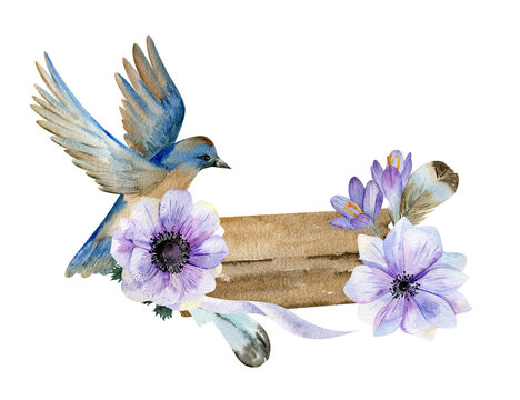 Wood plank with bird and bloming flowers, feathers, ribbon watercolor illustration. Composition for wedding invitation and design.