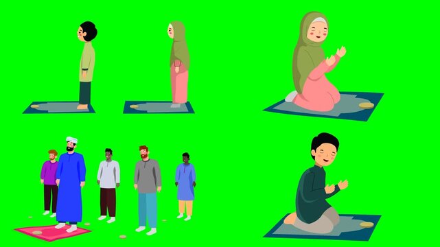 Islamic family sitting, praying, and kneeling on prayer rug mats. animations 2d animated cartoon on green screen chroma key background. high quality loop cycle vector illustration animation