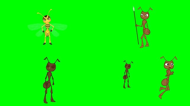 Cartoon ant insects holding spears, standing, and fighting freely animations 2d animated cartoon on green screen chroma key background. high quality loop cycle vector illustration animation